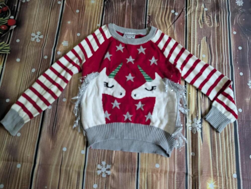 Girls XS 4-5 Winter Unicorns Ugly Christmas Sweater Fringe Red White Striped